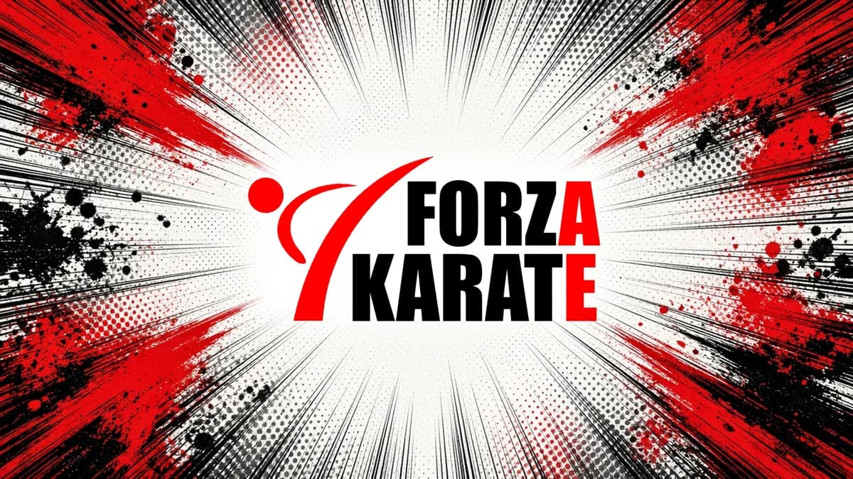 Forza Karate manga-style desktop background: Forza Karate logo on a red and black comic burst