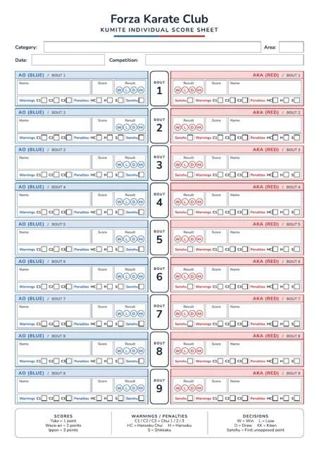 Forza Karate Club kumite individual score sheet
